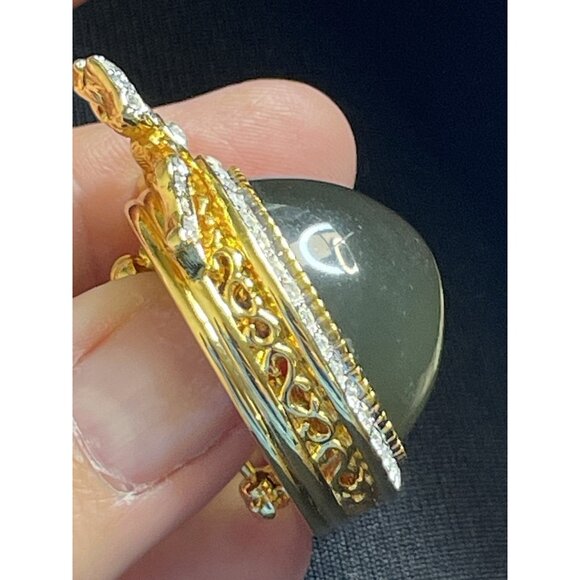 JOAN RIVERS Green Egg Shape Rhinestone Bow Gold-Tone Brooch Earrings Rare Set - Picture 7 of 16